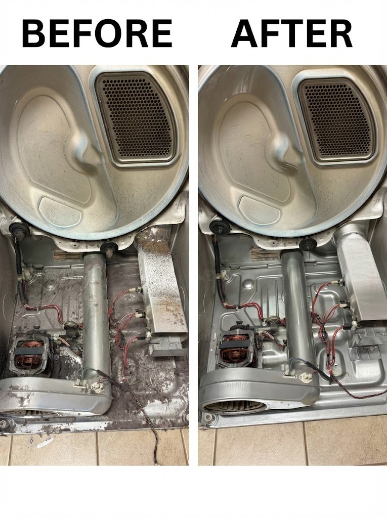 Before and after dryer cleaning Phoenix Metro — heavy lint buildup removed