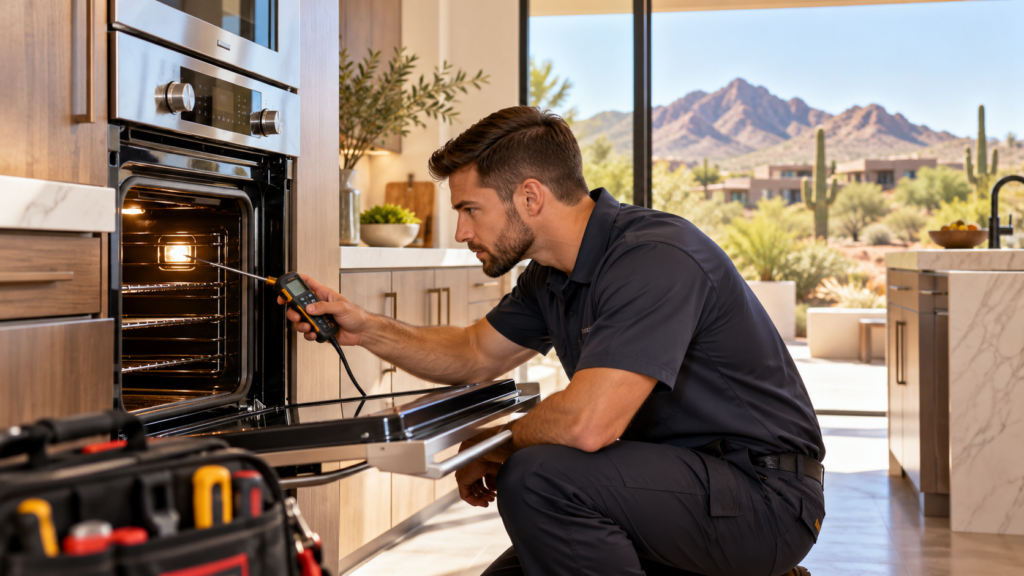 Technician diagnosing an oven taking too long to preheat in Phoenix Arizona